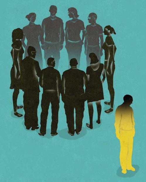 Black shadow like figures in a circle taking with one student half yellow and half black left out of circle looking at their feet facing away